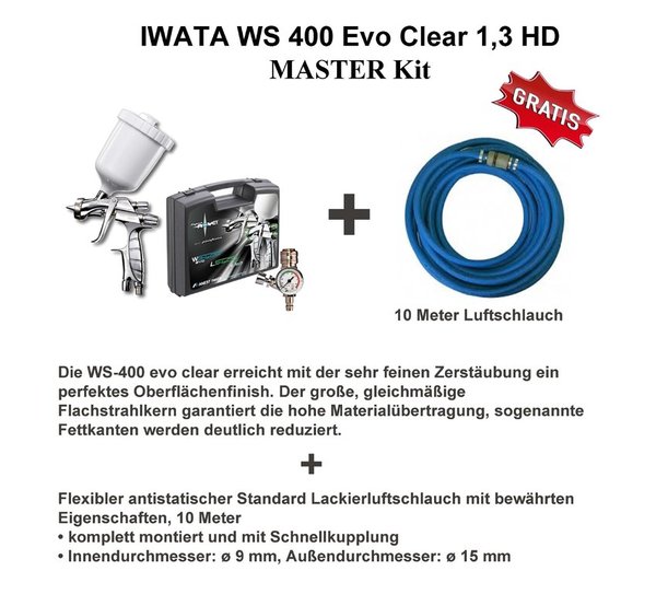 IWATA WS 400 Evo Clear 1,3 HD MASTER Kit + Gratis Luftschlauch